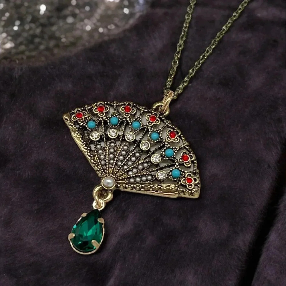 Vintage Colorful Fan Pendant Necklace, Silver With Gemstones